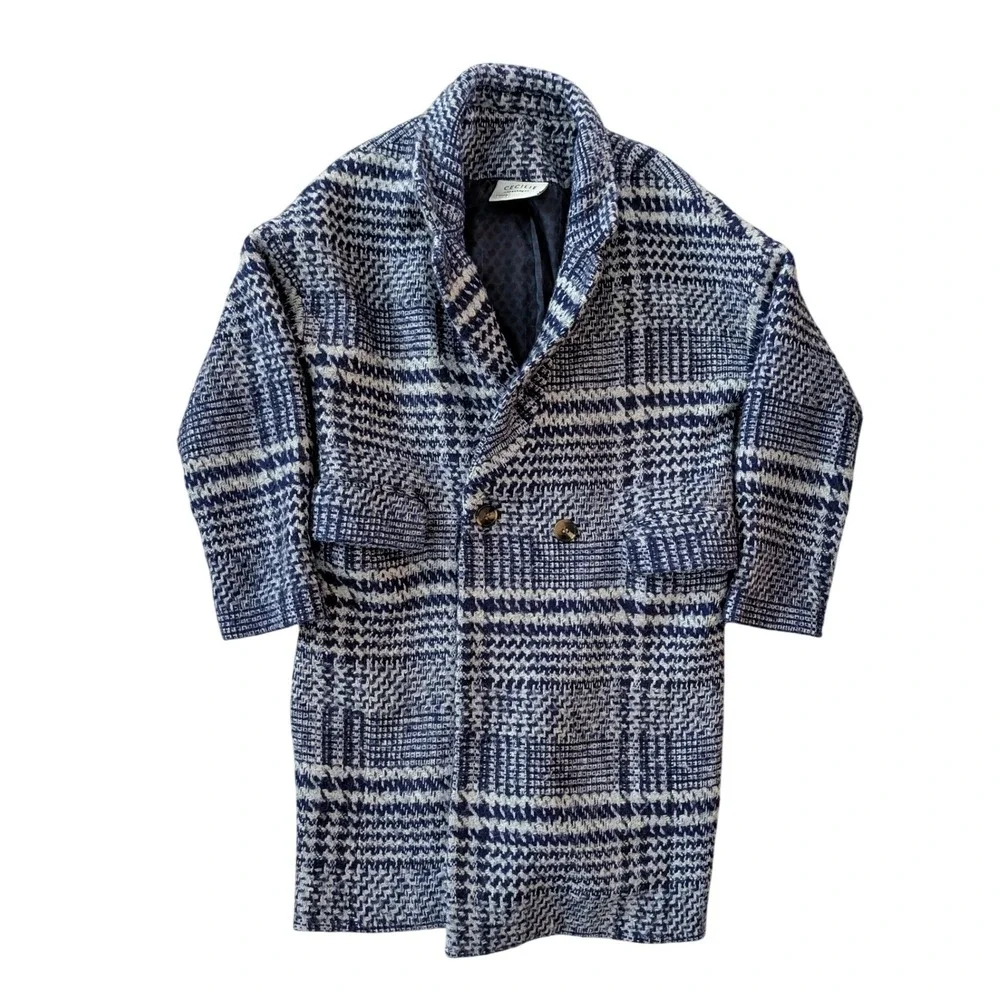 CECILIE Copenhagen Anthropologie Alvia Plaid Overcoat Navy Wool Blend Coat- S - Picture 2 of 9